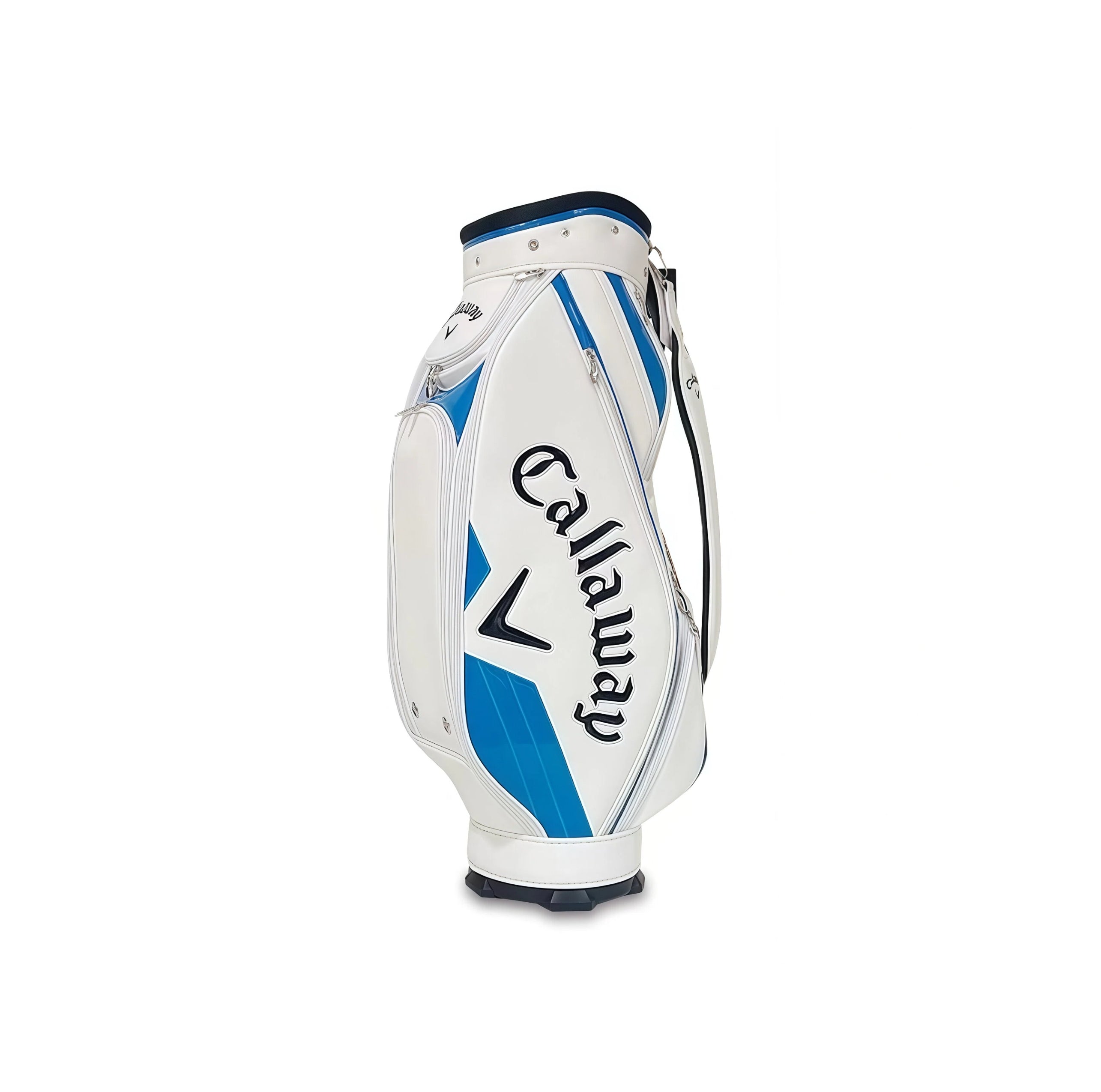 White Callaway Quantum staff golf bag with blue glossy accents and large script logo. Professional-grade golf bag with multiple pockets and durable construction.
