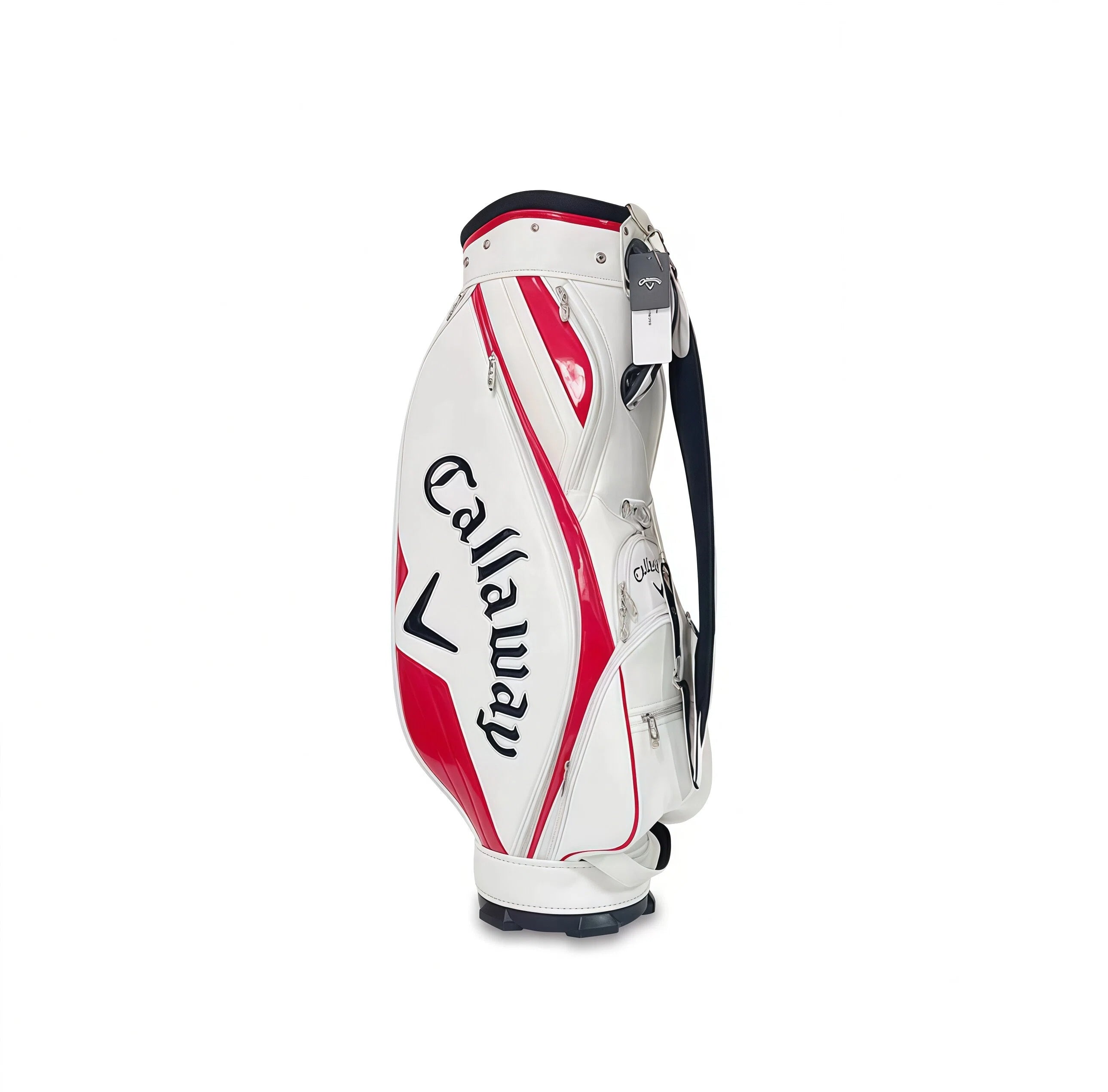 White Callaway Quantum staff golf bag with red stripe and black detailing. Durable, stylish, and built for professional use.