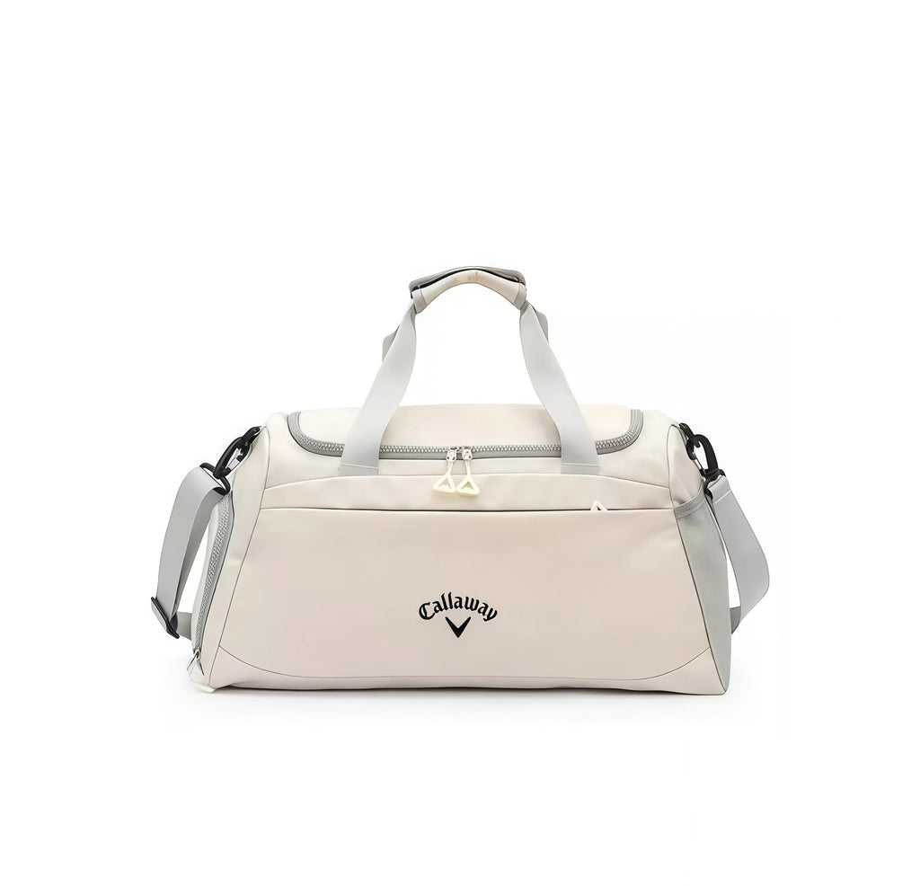 Front view of the beige Callaway Sport Boston Bag with dual handles and embroidered logo. Ideal for golf, gym, or travel with durable construction and organized storage.