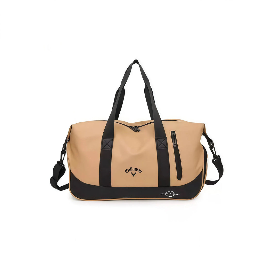 Beige/tan and black Callaway Sport Hanba 1984 duffel bag with retro aesthetic and modern build. Designed for golfers and active individuals who value timeless style.
