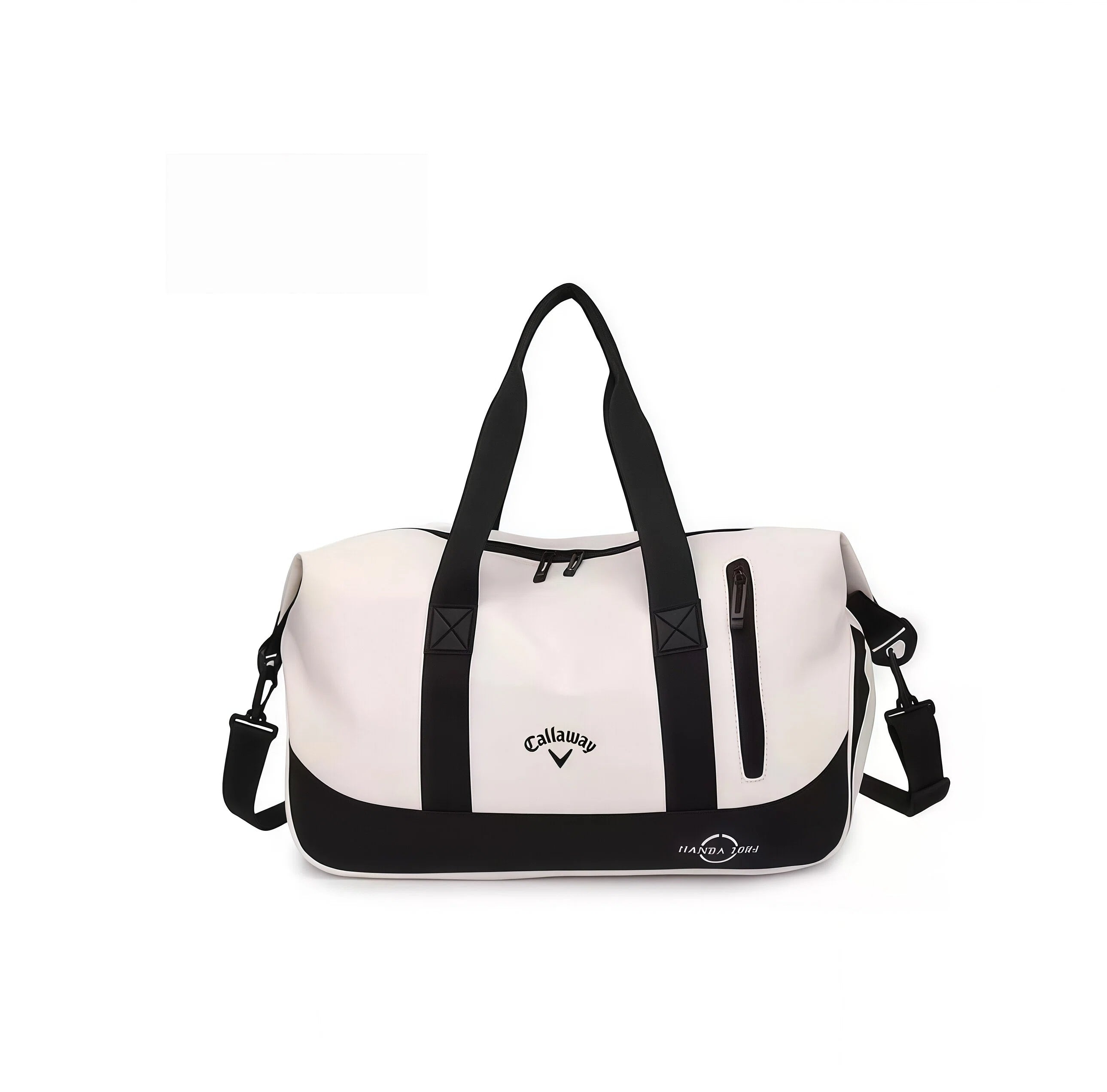Front view of the white and black Callaway Sport Hanba 1984 duffel bag with top handles, front zip pocket, and embroidered Callaway logo. Ideal for golf, gym, or travel.