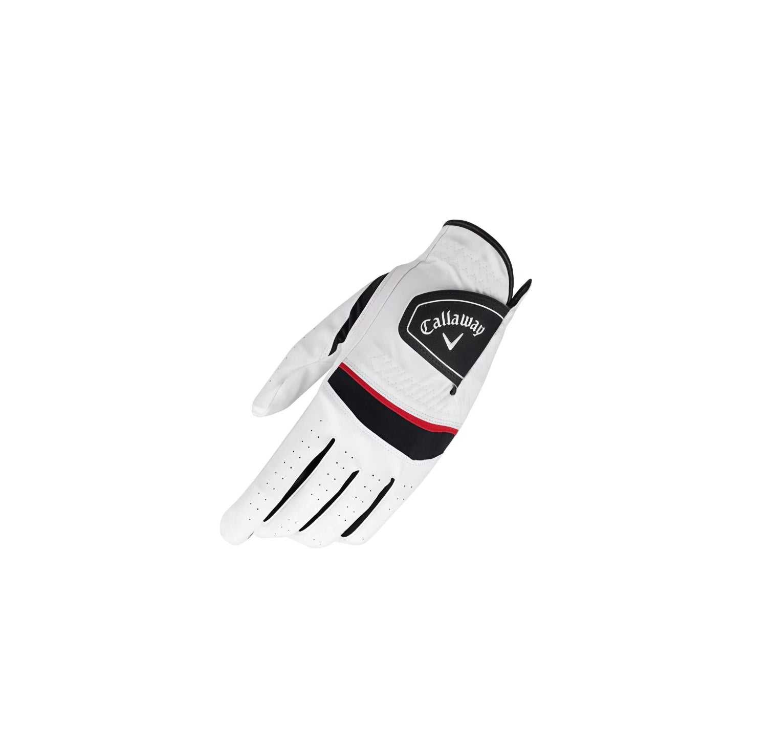 Callaway Warbird men's golf glove in white featuring black and red accents, durable synthetic leather construction, and Velcro closure.