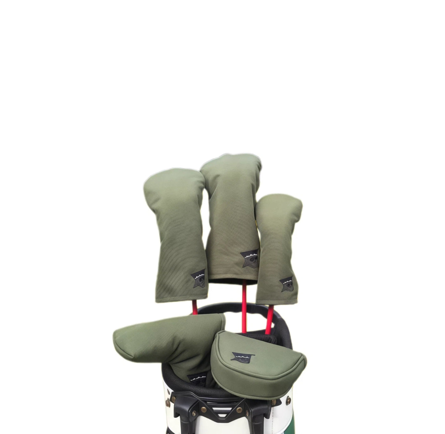 Canvas Minimalist Golf Driver Cover Set in olive green with black logo, includes driver, fairway wood, and putter headcovers - unisex design for universal fit and club protection