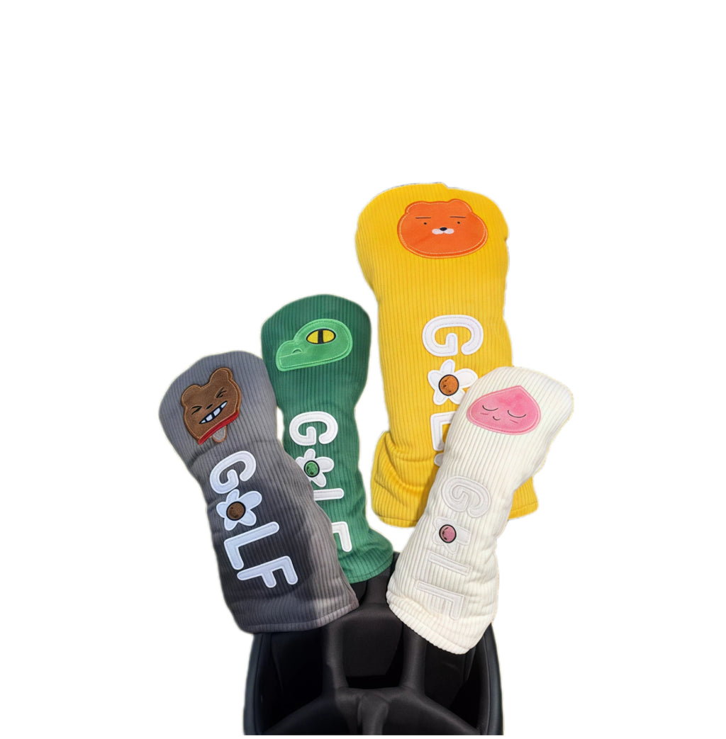 Cartoon animal golf headcovers set in grey, green, yellow and cream corduroy, featuring embroidered animal faces and “GOLF” letters, compatible with driver, fairway woods and utility clubs.