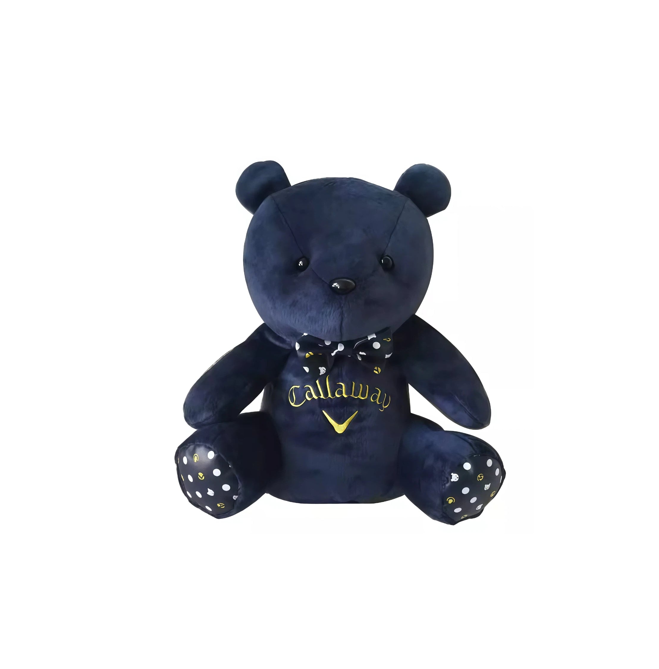 Navy blue cartoon plush bear golf headcover with gold embroidered Callaway logo and polka dot foot design, designed for driver and utility clubs with soft plush material and secure fit.