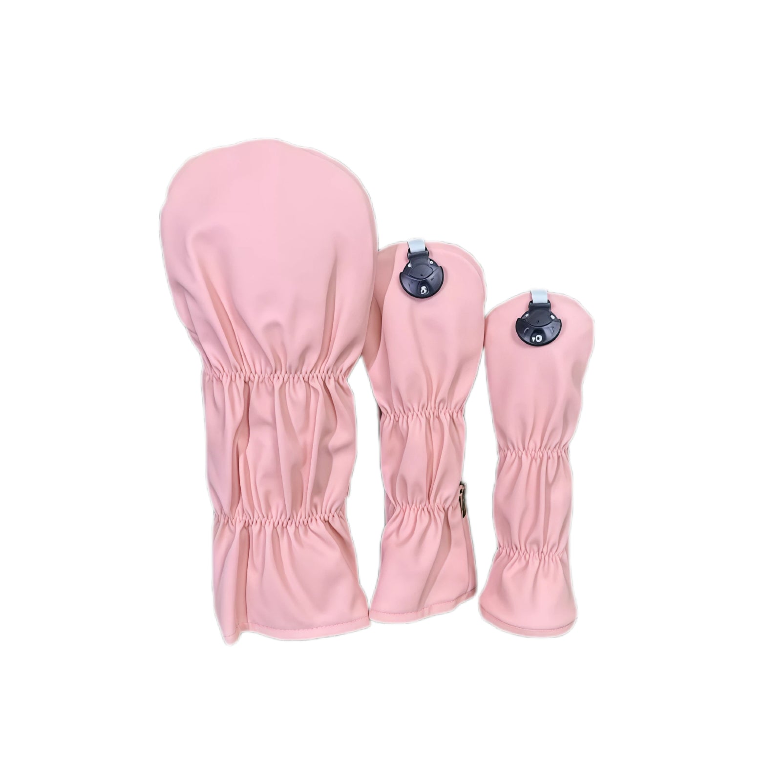 Back view of pink cartoon puppy golf headcovers set displaying elasticated opening and PU material texture, ensuring snug fit and long-lasting use.