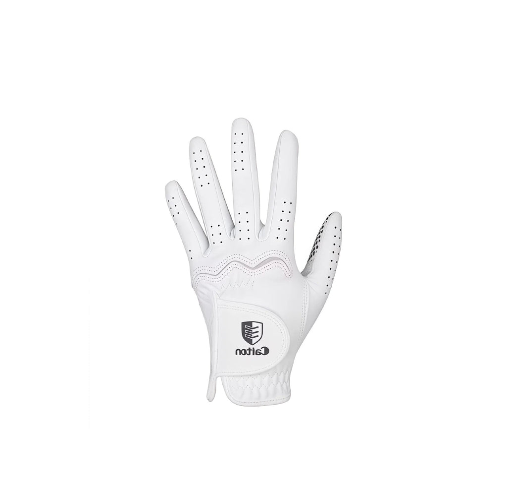  Cation women's golf gloves in white, featuring a breathable perforated design on the fingers, anti-slip palm, and a secure velcro wrist strap with the Cation logo for enhanced grip and comfort.