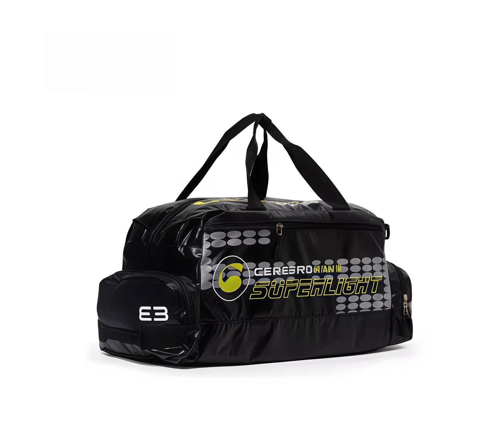 Black Cerebro lightweight golf duffel bag with "Superlight" branding, dual top handles, and side shoe compartment. Ideal for golfers seeking portability and style.
