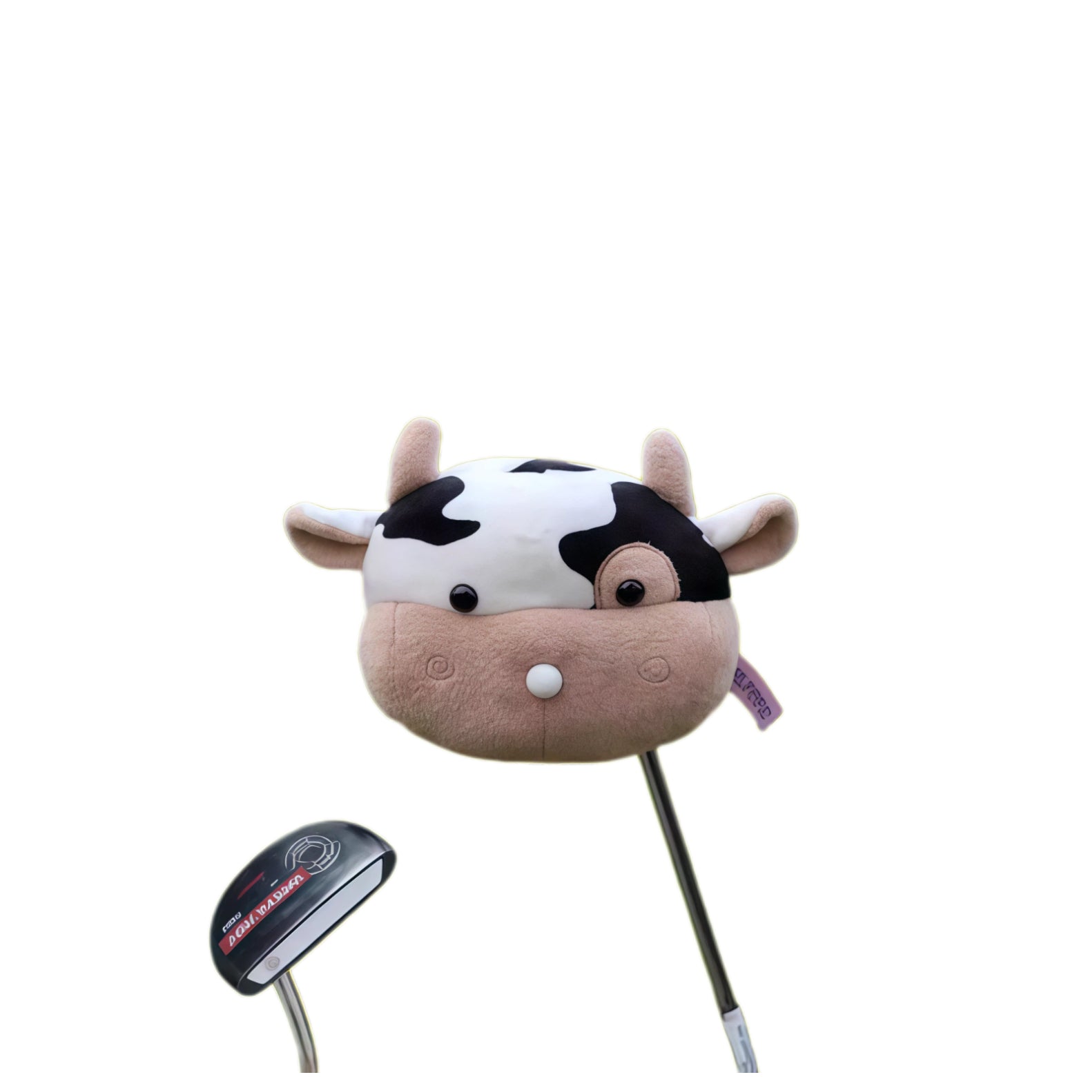 Side view of cow plush golf driver cover, showing its secure fit on a driver club shaft, with durable stitching and soft plush material to prevent scratches and add personality to your golf gear.