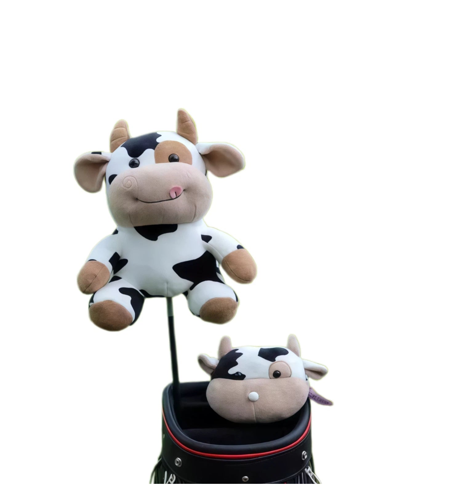 Full-body cow plush golf headcover in black and white, featuring a smiling face, and soft texture, compatible with driver and fairway woods for stylish protection and fun on the course.