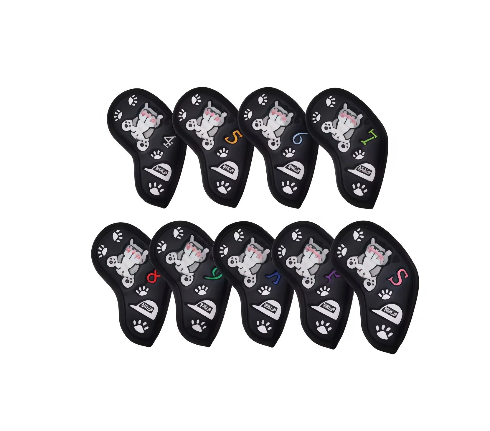Front view of a black kitten-themed golf headcover set featuring eight pieces with cute cartoon cats wearing sunglasses, paw prints, and numbered labels (4–S), ideal for fairway woods and hybrid clubs.
