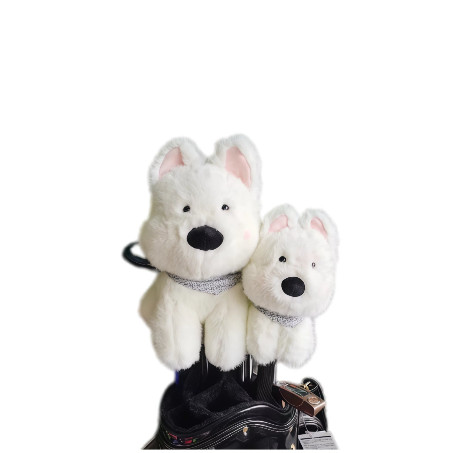 Cute Westie golf headcovers set featuring plush white design with pink ears and patterned collars, compatible with driver, fairway woods, and irons for stylish protection.
