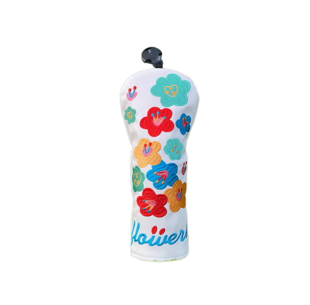 White PU golf driver headcover featuring colorful embroidered flowers, blue “flowers” lettering, and waterproof material for durable protection.