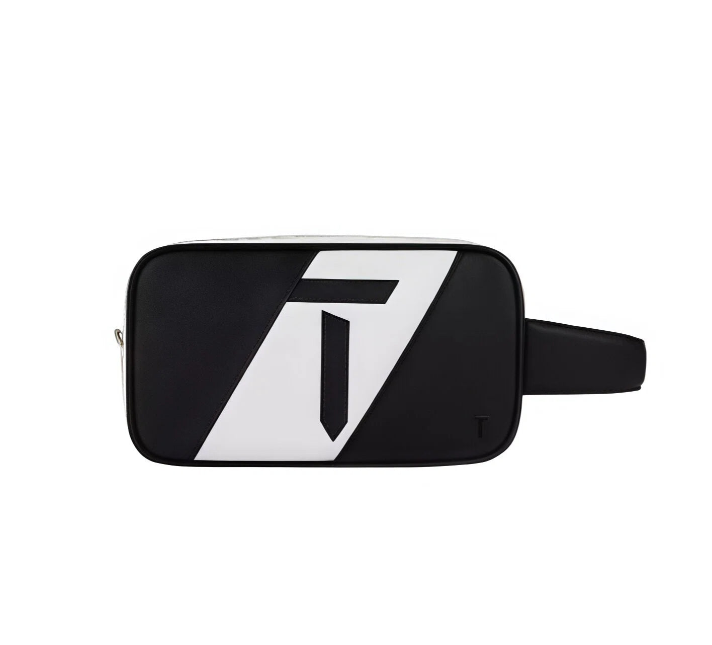 Front-facing view of the European Tour golf pouch showcasing the large diagonal "T" logo in black and white. Designed for style and functionality with a detachable wrist strap.