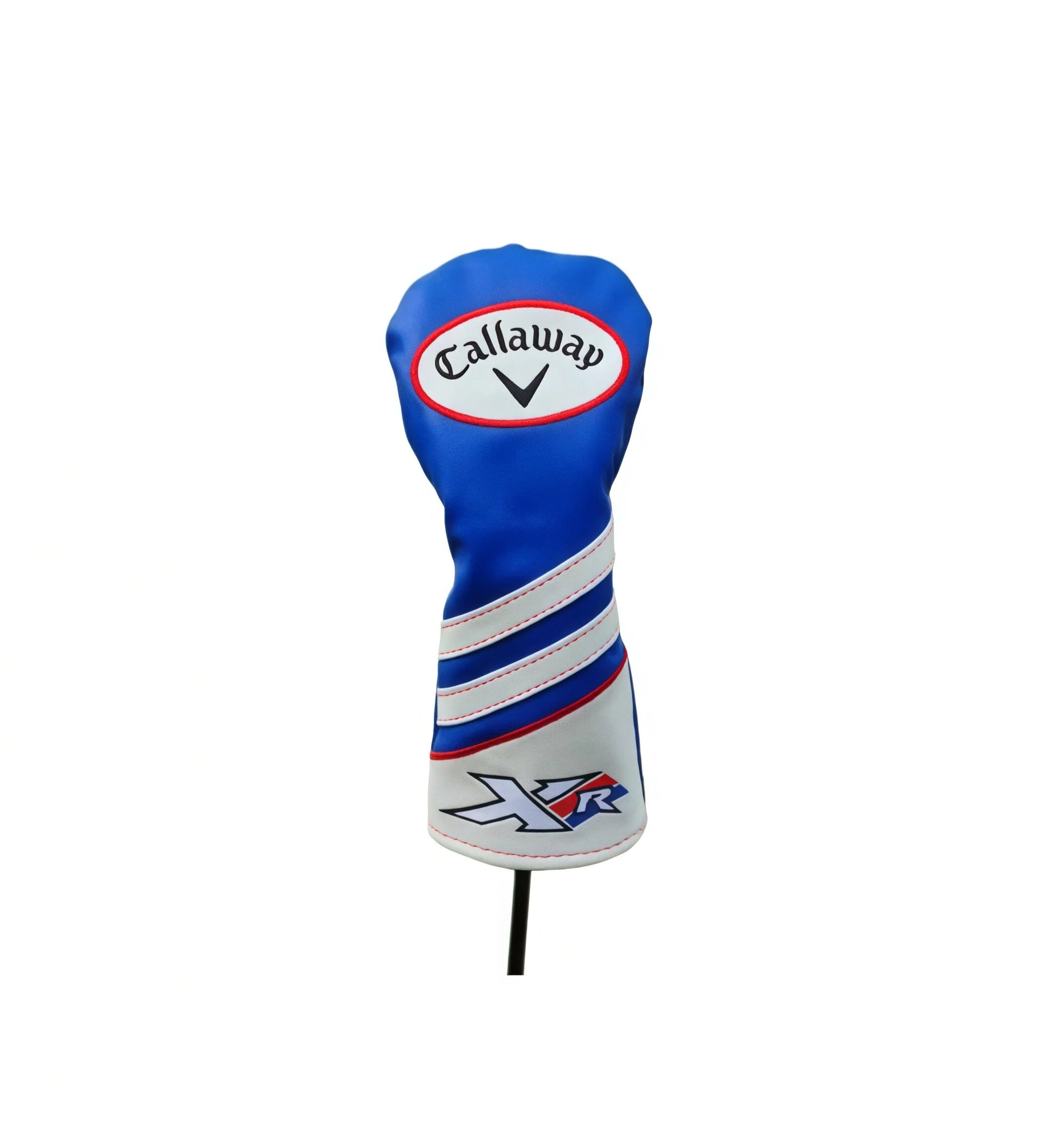Studio-style front view of blue Callaway XR wood headcover mounted on stand — displays iconic “XR” graphic, diagonal white/red stripes, and high-quality fabric construction; compatible with Callaway XR, Big Bertha, Rogue, and other major brands’ woods