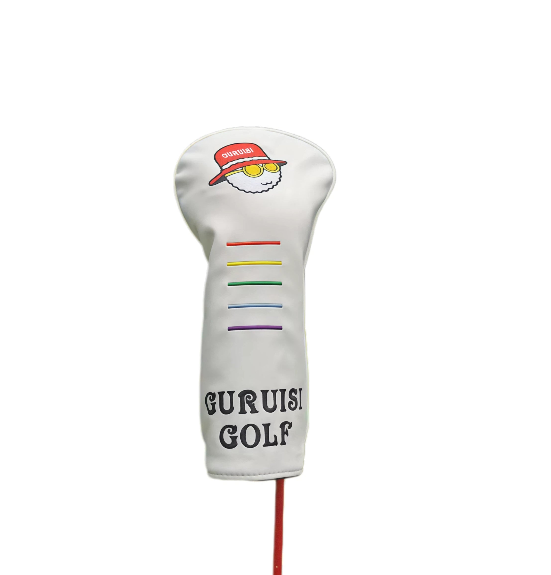 Close-up front view of white GURUISI GOLF driver headcover mounted on shaft — features embroidered cartoon character wearing red bucket hat and yellow sunglasses, with five-color horizontal stripes and bold “GURUISI GOLF” text at base.