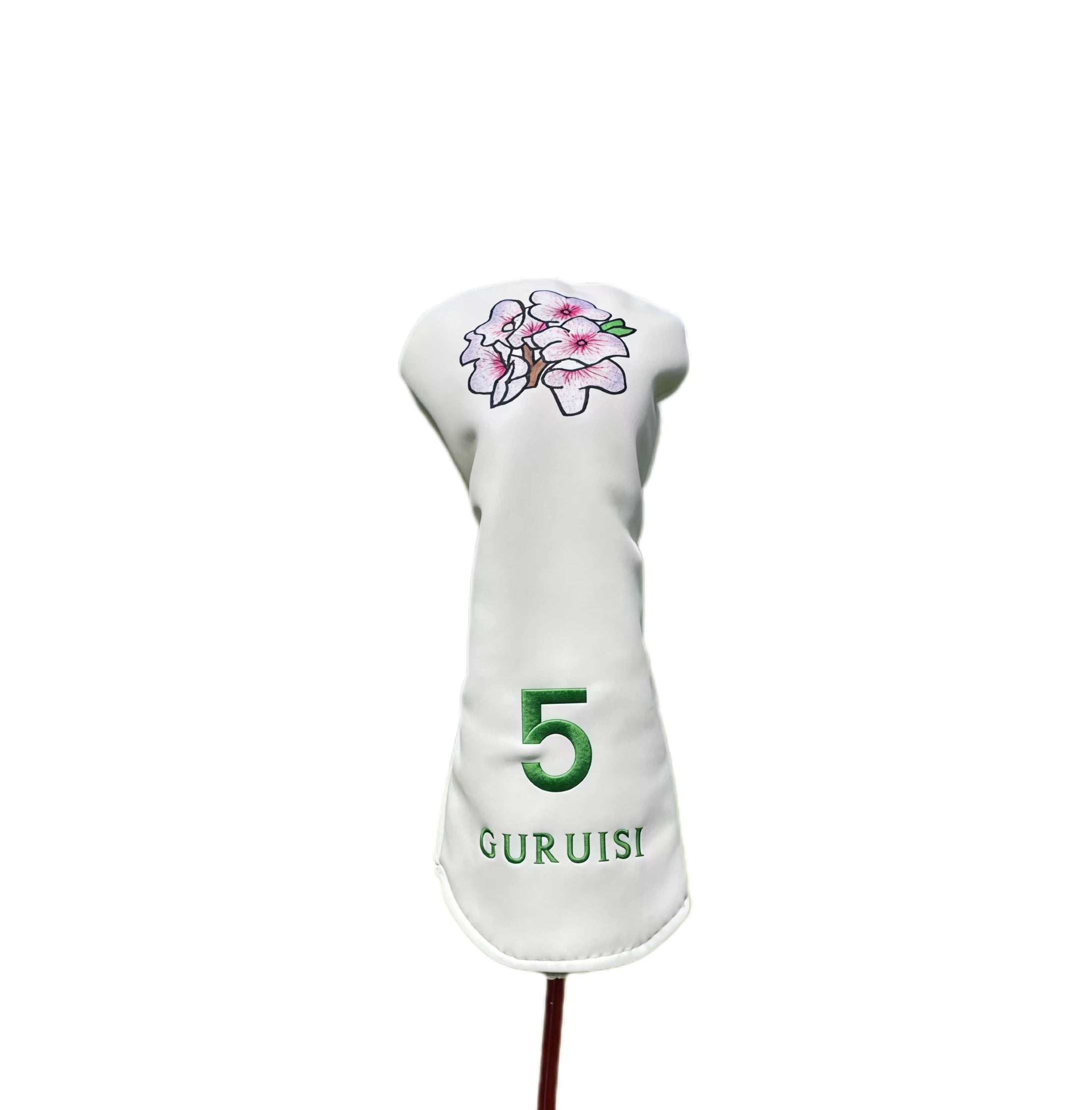GURUISI white 5-wood headcover with floral embroidery and green number "5" — crafted from soft synthetic leather with magnetic closure for secure fit and long-lasting use.