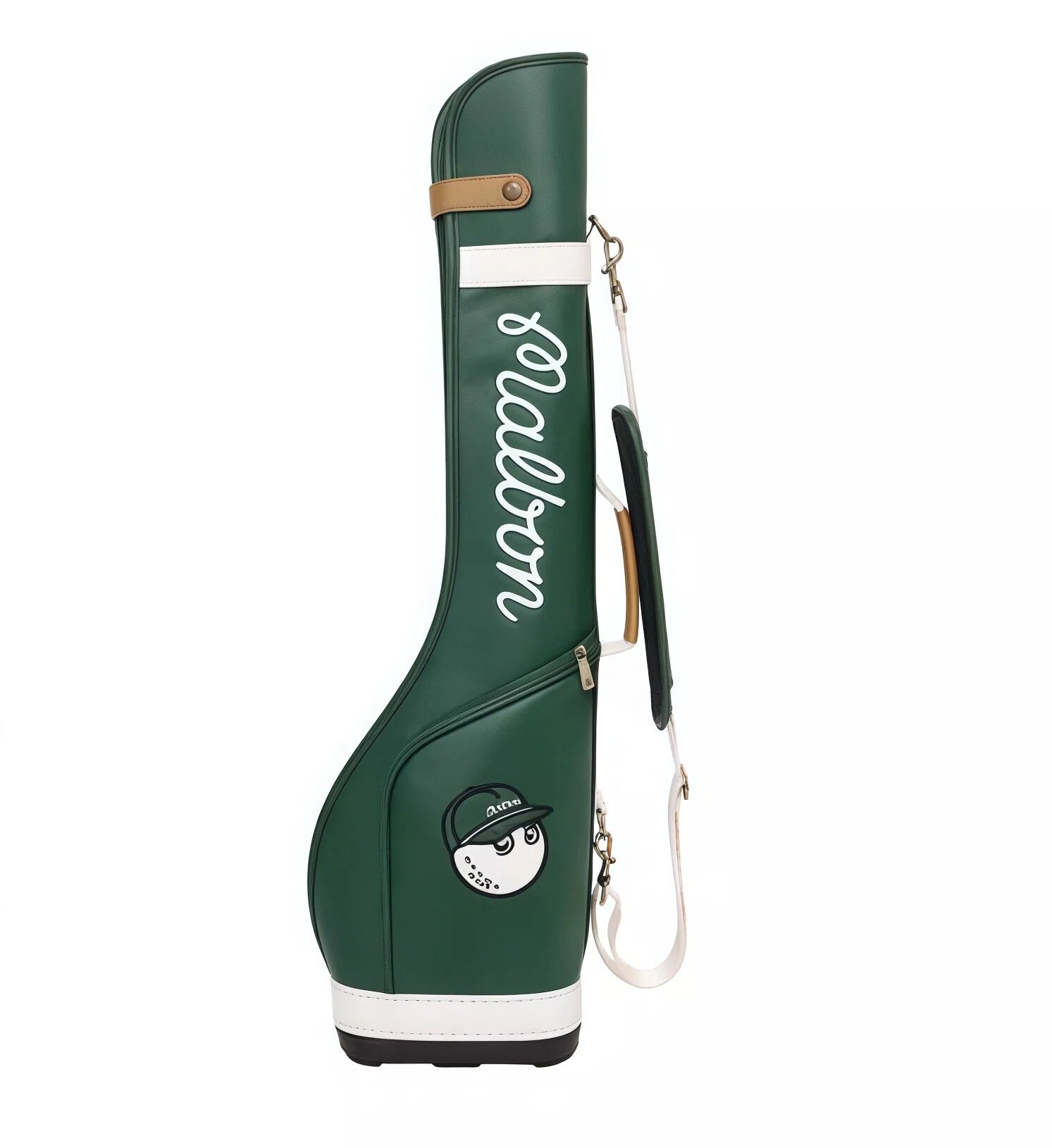 Dark green Malbon Golf Sunday bag featuring white "Malbon" script, embroidered golf ball mascot, and durable leather-like material. Perfect for casual play and travel.