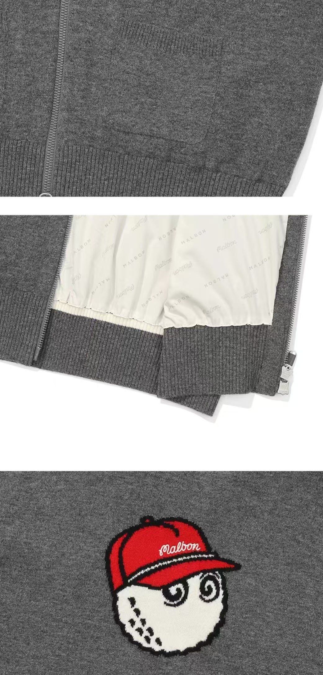 Malbon Preserve Buckets Knit Windbreaker Grey golf apparel hem and back logo detail