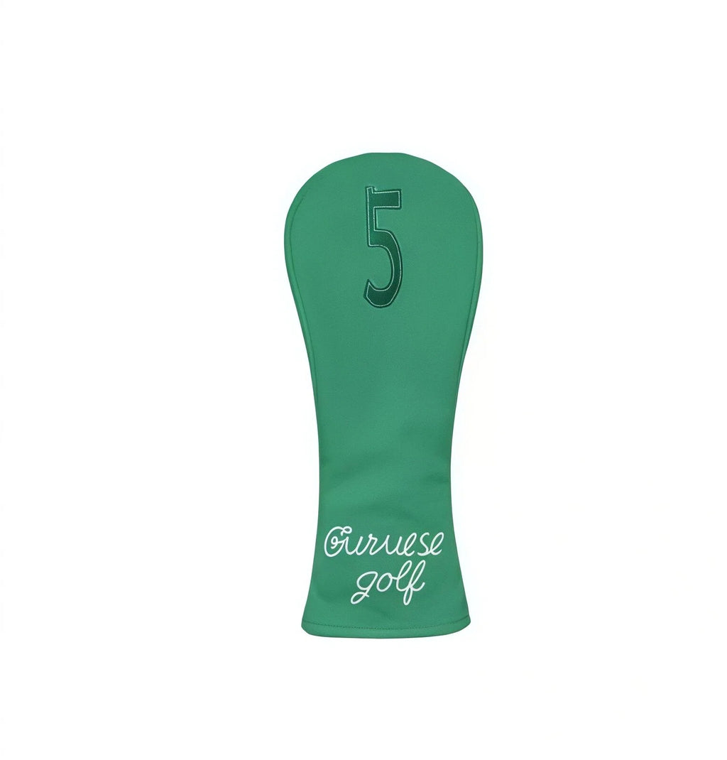 Green Guruese Golf headcover for #5 fairway wood, displaying subtle tonal stitching on the number “5” and clean white “Guruese golf” script — combines functionality with understated style.