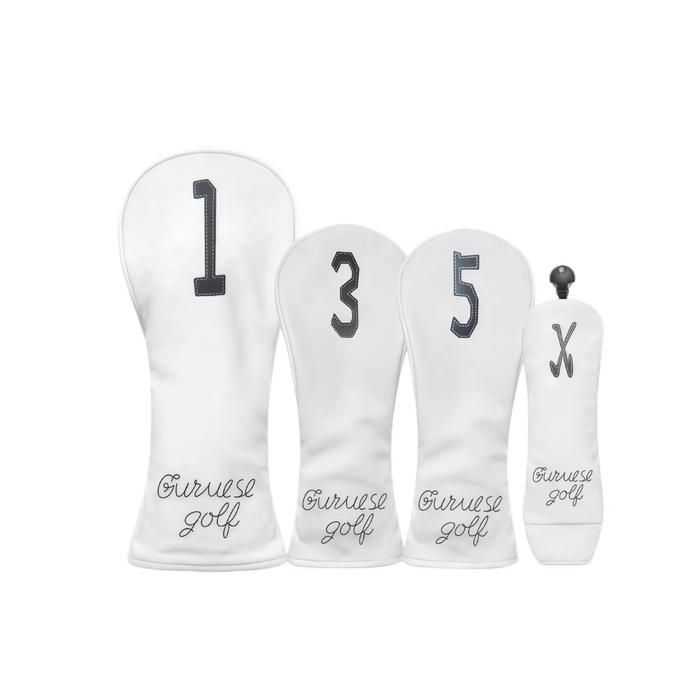 White Guruese Golf headcover set featuring large stitched numbers (#1, #3, #5) and hybrid “X” symbol; each cover displays elegant cursive “Guruese golf” branding at base — designed for driver, fairway woods, and hybrid clubs.