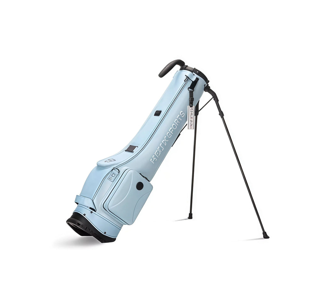 Light blue HELIX B-Series golf stand bag with dual support legs, ergonomic handle, and sleek design for easy transport on the course.