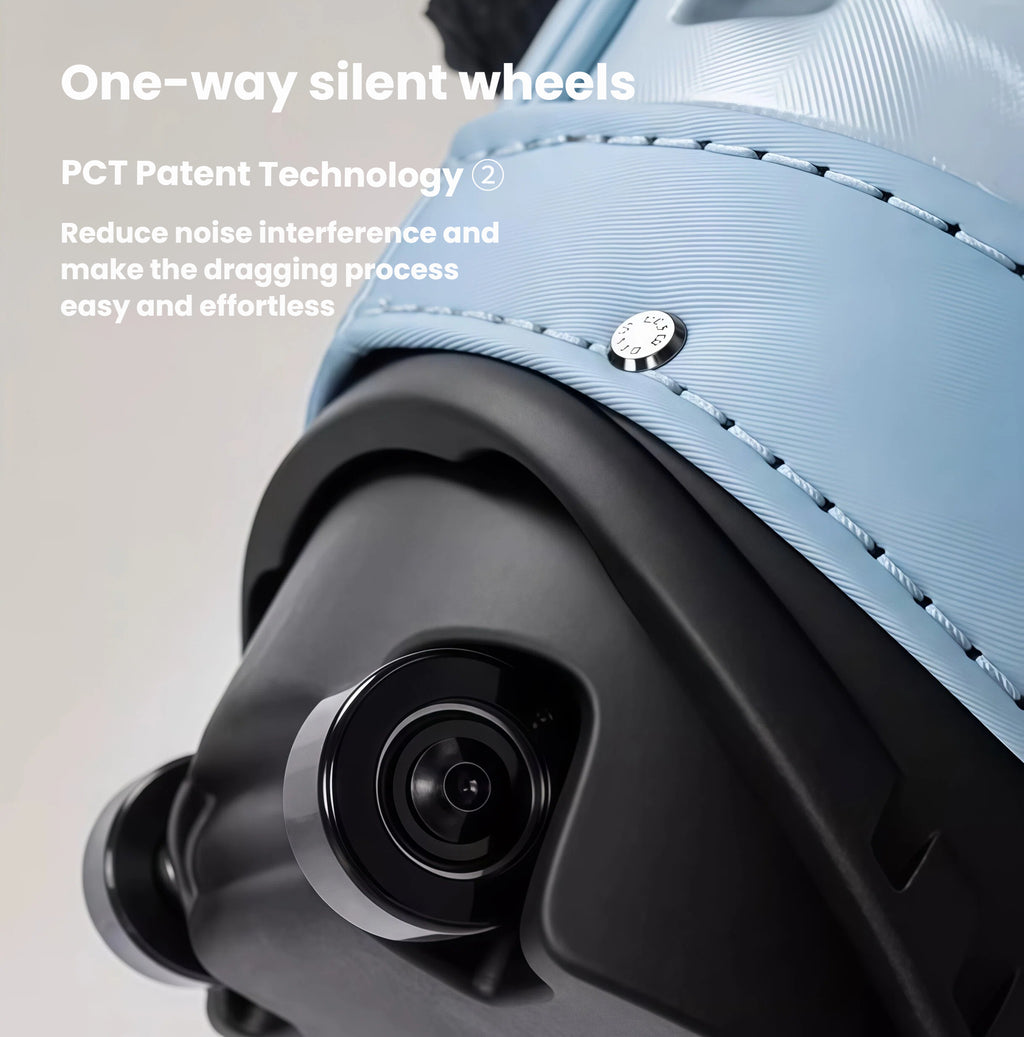 Close-up of one-way silent wheels on the HELIX B-Series golf stand bag using PCT patent technology to reduce noise and ensure smooth, effortless dragging.
