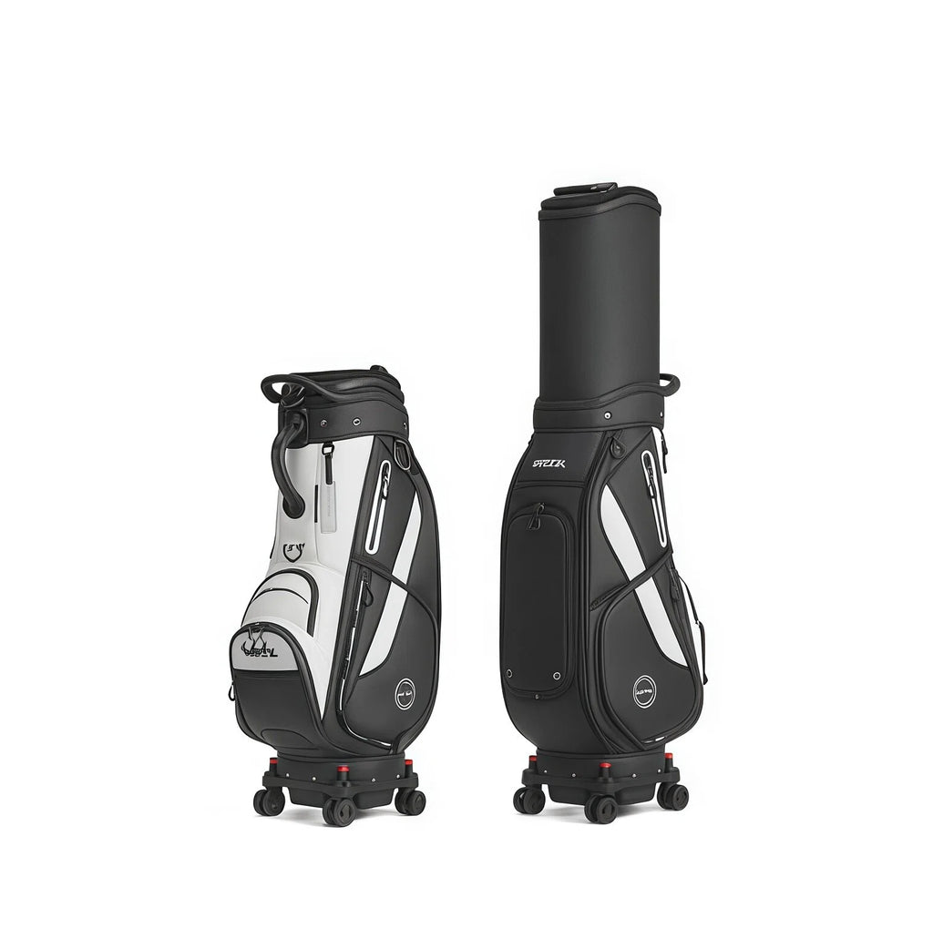 Side-by-side view of the HELIX Luxury Collection golf cart bag model H95236 in black and white and all-black colorways, featuring dual wheels, sleek design, and premium materials for travel and course use.
