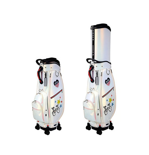 Dual-angle display of the HELIX Vibe Collection golf cart bag H95176 highlighting its iridescent surface, multiple pockets, red-accented handle, and durable 4-wheel base system.