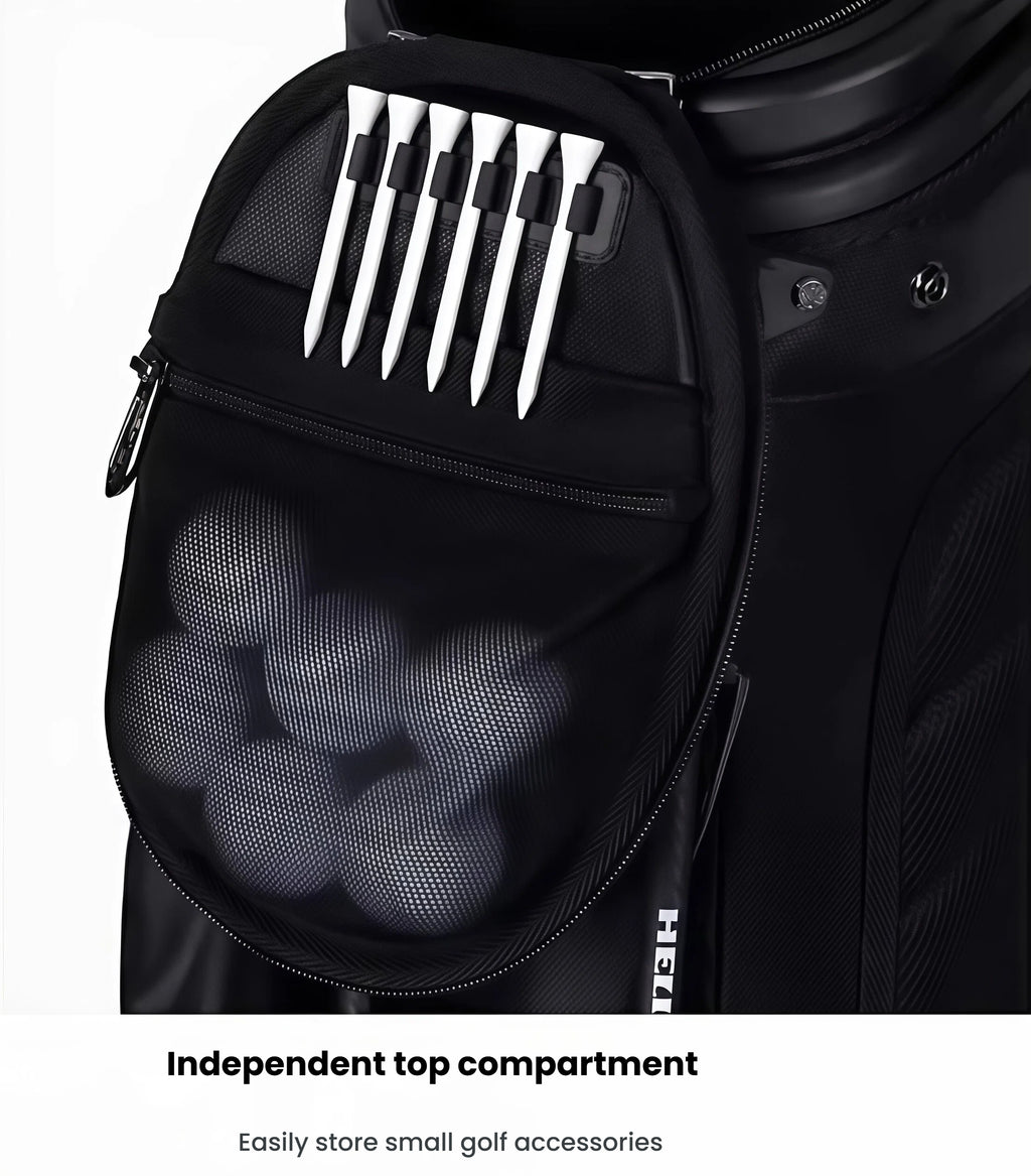 Top compartment of the HELIX golf bag with visible tees and mesh pocket, ideal for storing small accessories like tees, gloves, and markers.