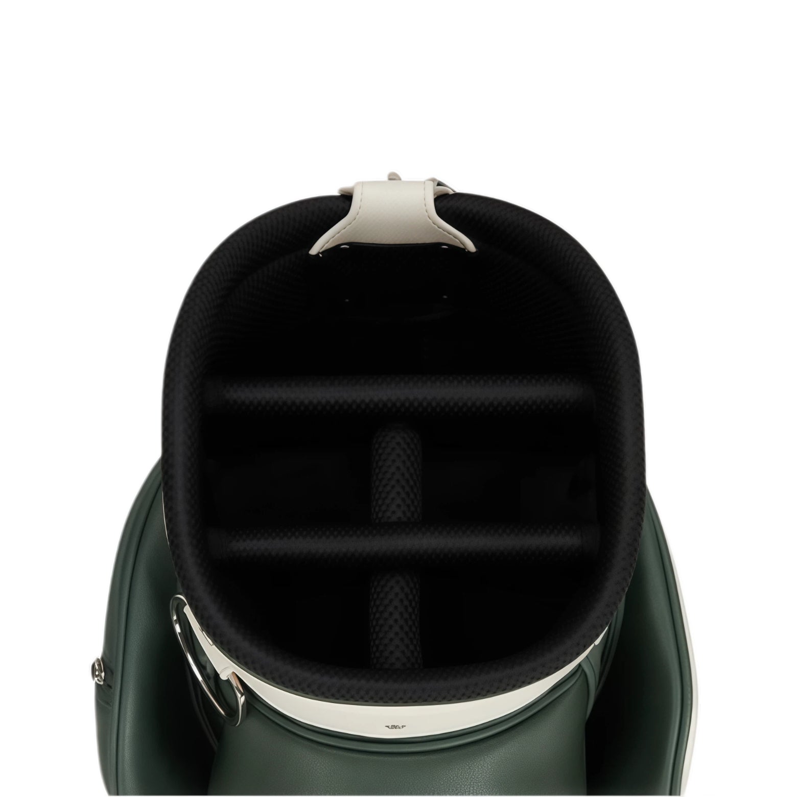 Top-down interior view of Malbon Golf cart bag showing black padded lining, club dividers, and secure structure. Designed to protect clubs and ensure organized storage.