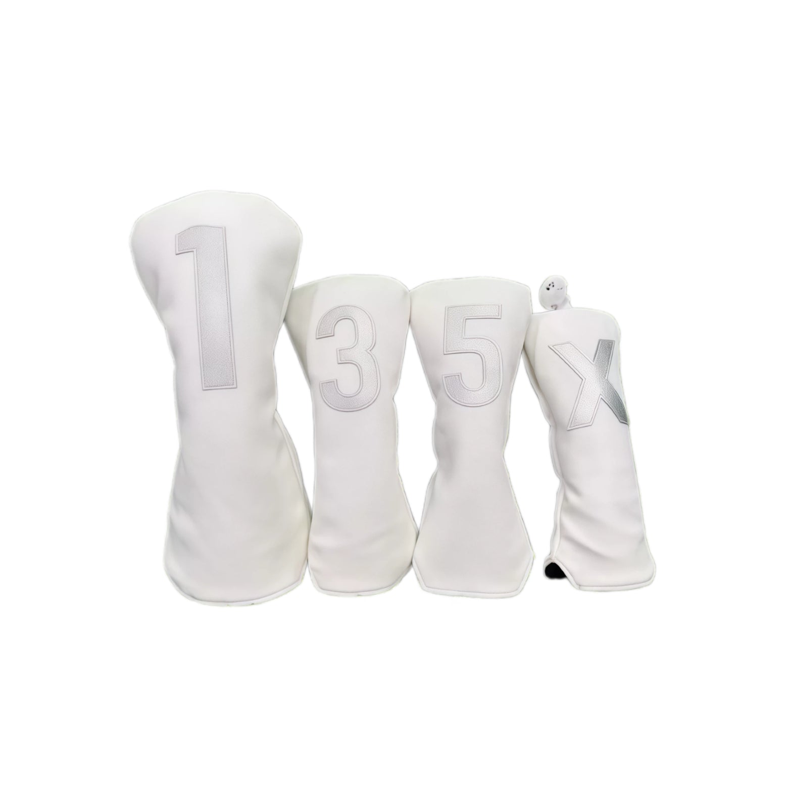 White Korean style PU golf headcovers set featuring large silver embroidered numbers “1”, “3”, “5”, “X” for driver, fairway and utility clubs, with elastic hem and durable protection.