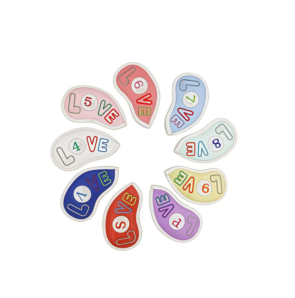 LOVE women's golf iron covers set arranged in a circle, showcasing 9pcs colorful PU leather headcovers with LOVE lettering and numbers 4-9, P, A, S, designed for women golfers.
