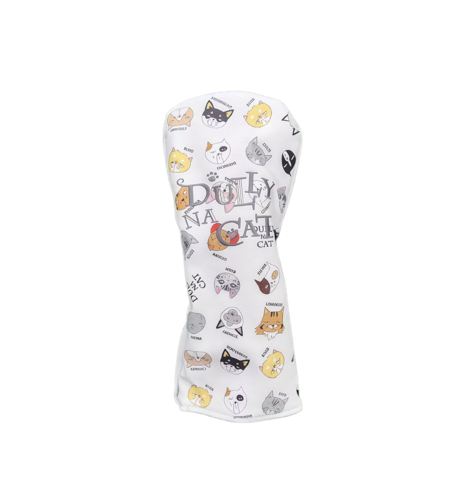 White Lazy Cat cartoon golf headcover featuring DULLY NA CAT branding and colorful cat face patterns, designed for driver protection with durable PU material.
