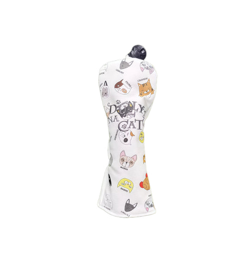 Back view of white Lazy Cat golf headcover showing elastic hem and cat face print, compatible with driver clubs for secure fit and stylish protection.