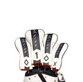 Set of limited edition Masters Pin golf headcovers by PING, featuring white leather with black stripes, orange accents, and iconic PING branding, designed to protect your driver and fairway woods with a premium and tournament-inspired look.