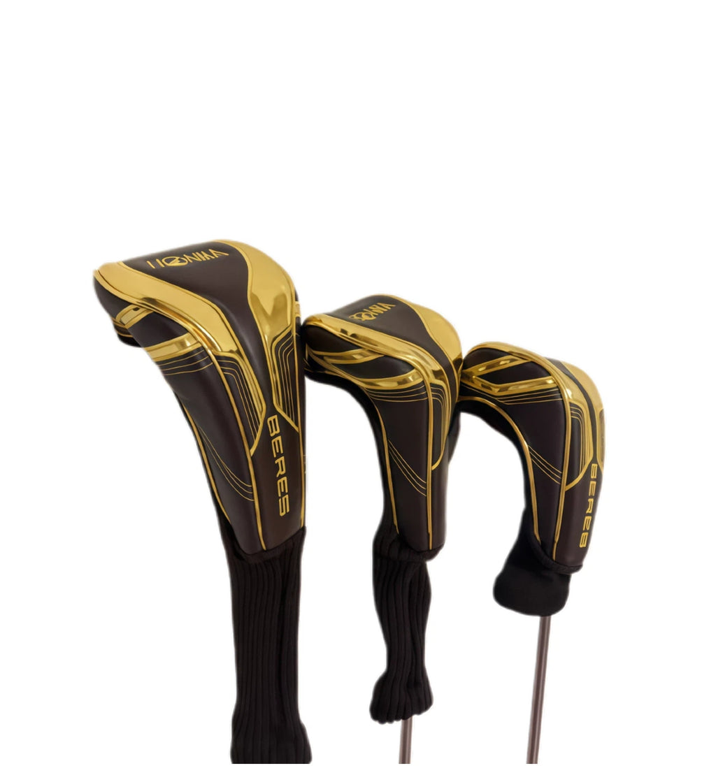 TPins & Aces luxury golf headcover set featuring black PU body with metallic gold trim and "BEPES" logo — designed for driver, fairway wood, and hybrid clubs with durable stretch sleeves and modern racing-inspired lines.
