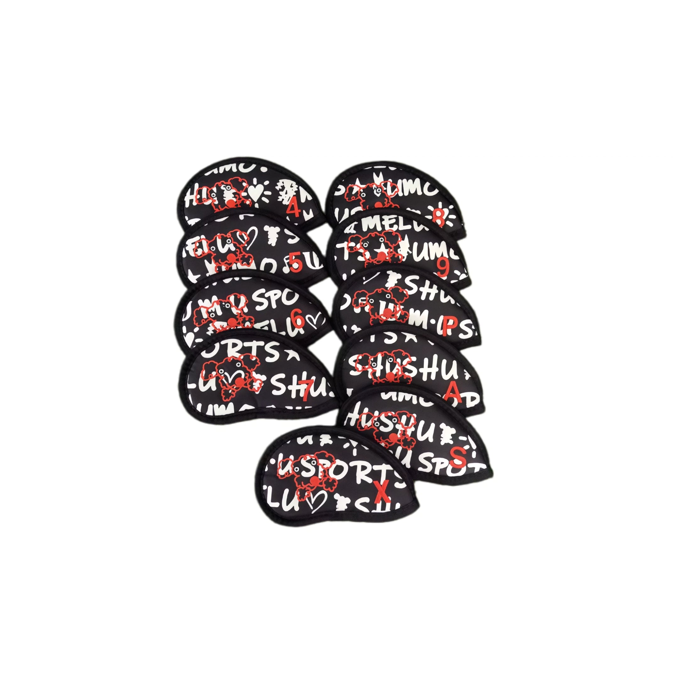 10pcs MU cartoon print golf iron covers set featuring red cartoon dog pattern and white text on black nylon fabric, labeled with numbers 4-9 and letters P, A, S, X for sand and wedge clubs, providing anti-scratch protection and stylish design.