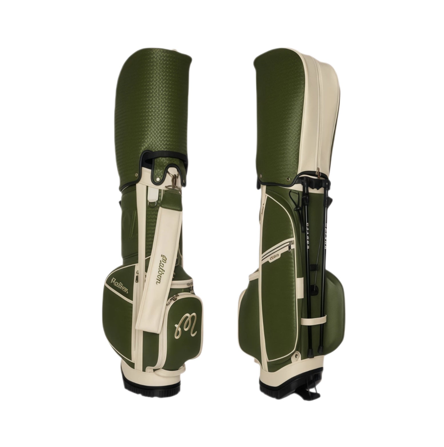 Side-by-side comparison of Malbon Artigianale stand bag showing front and back design; includes dual straps, zippered pockets, and integrated stand system.
