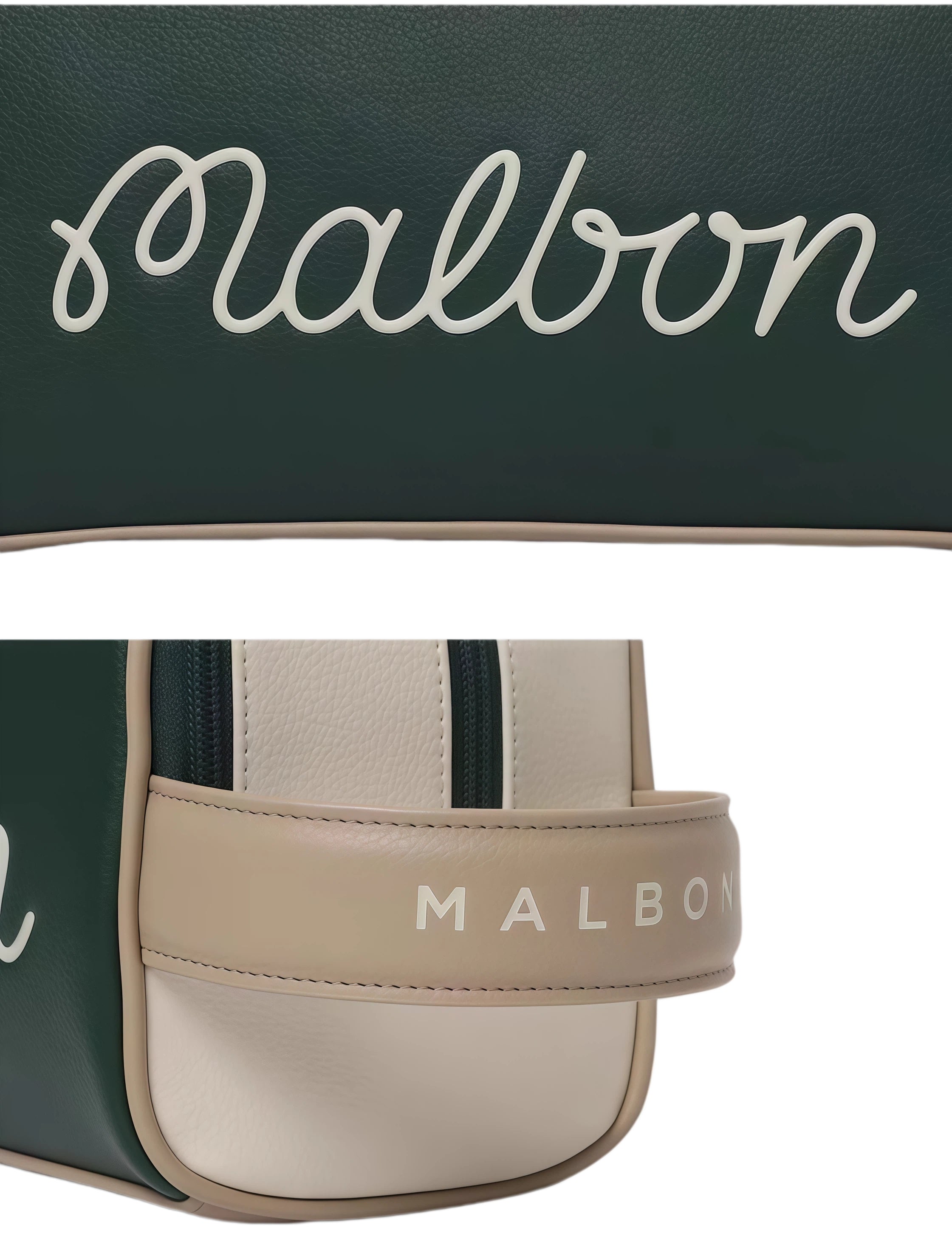 Detail shot of the Malbon Buckets pouch highlighting the white cursive "Malbon" logo and embossed "MALBON" lettering on the wrist strap. Premium craftsmanship.