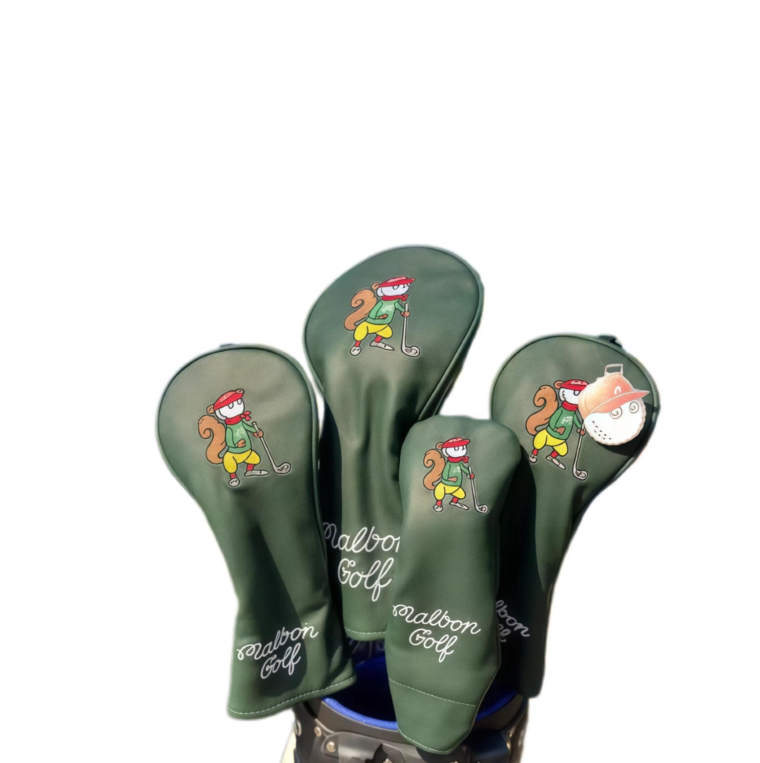 Malbon Caddie Embroidered Golf Headcovers Set in forest green featuring cartoon squirrel caddie design with "Malbon Golf" script embroidery - includes driver, fairway wood, iron, and putter covers for universal fit and stylish club protection