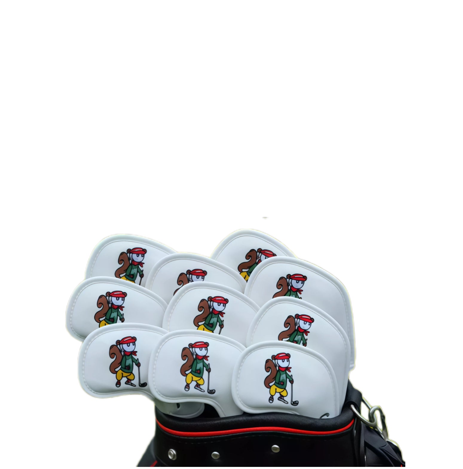 Malbon Caddie Embroidered Golf Iron Headcovers Set in white featuring cartoon squirrel caddie design with red cap and green outfit - magnetic closure PU leather covers for 4, 5, 6, 7, 8, 9, A, P, S, X irons - universal fit for men and women