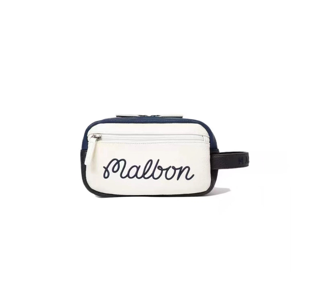 Front view of the Malbon clutch in navy blue and white synthetic leather featuring an elegant cursive "Malbon" logo. Compact design with a sleek zipper closure and minimalist aesthetic perfect for everyday use.