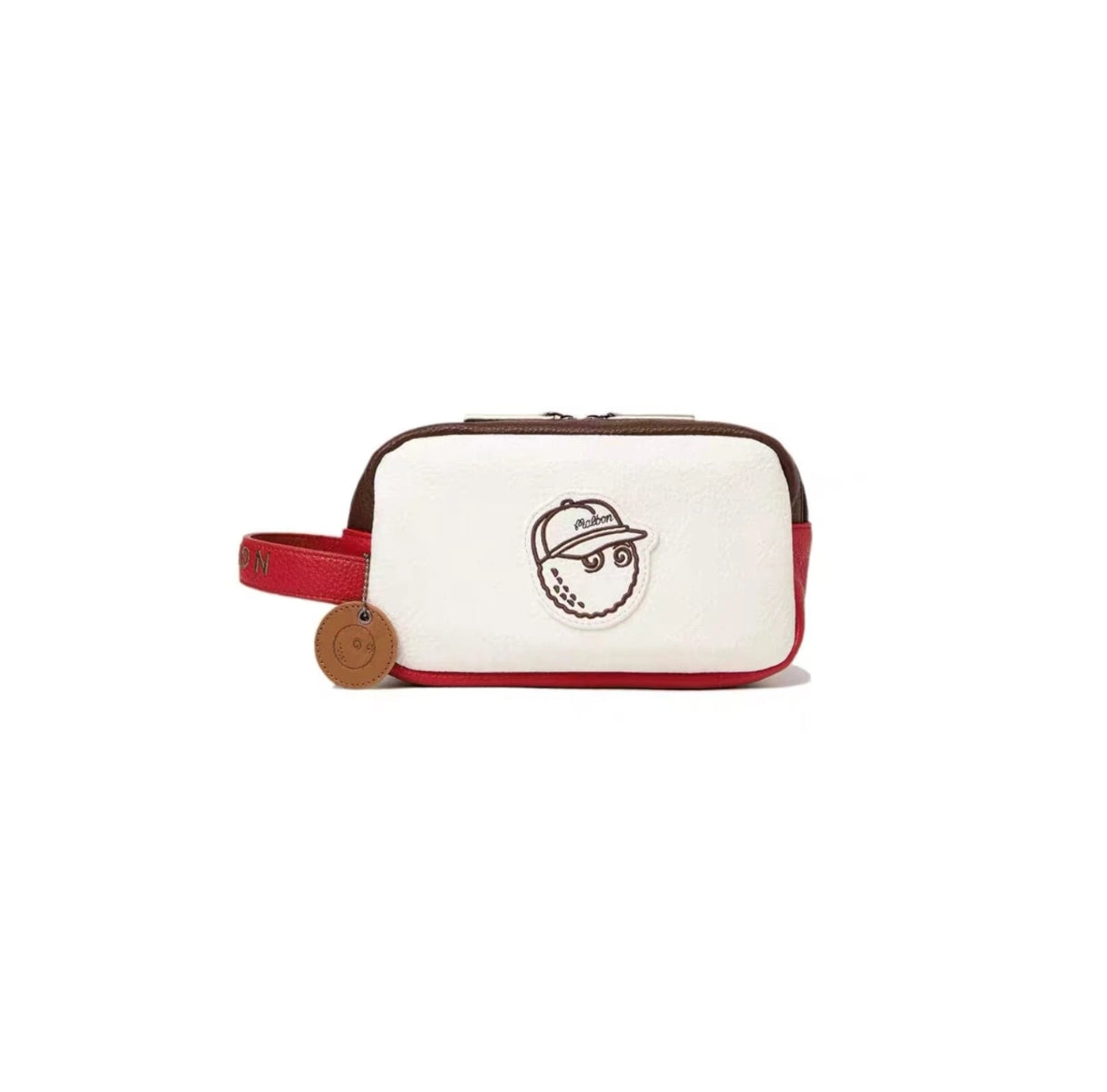 White and red Malbon clutch bag with a playful embroidered golf ball character wearing a cap. Includes a brown leather tag with smiley face detail. Stylish and functional accessory for golf lovers.