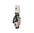 Malbon Fashion Golf Stand Bag back view featuring cartoon caddy character embroidery, “Malbon Golf California” script, and dual cap holders - magnetic closure for secure fit and club protection