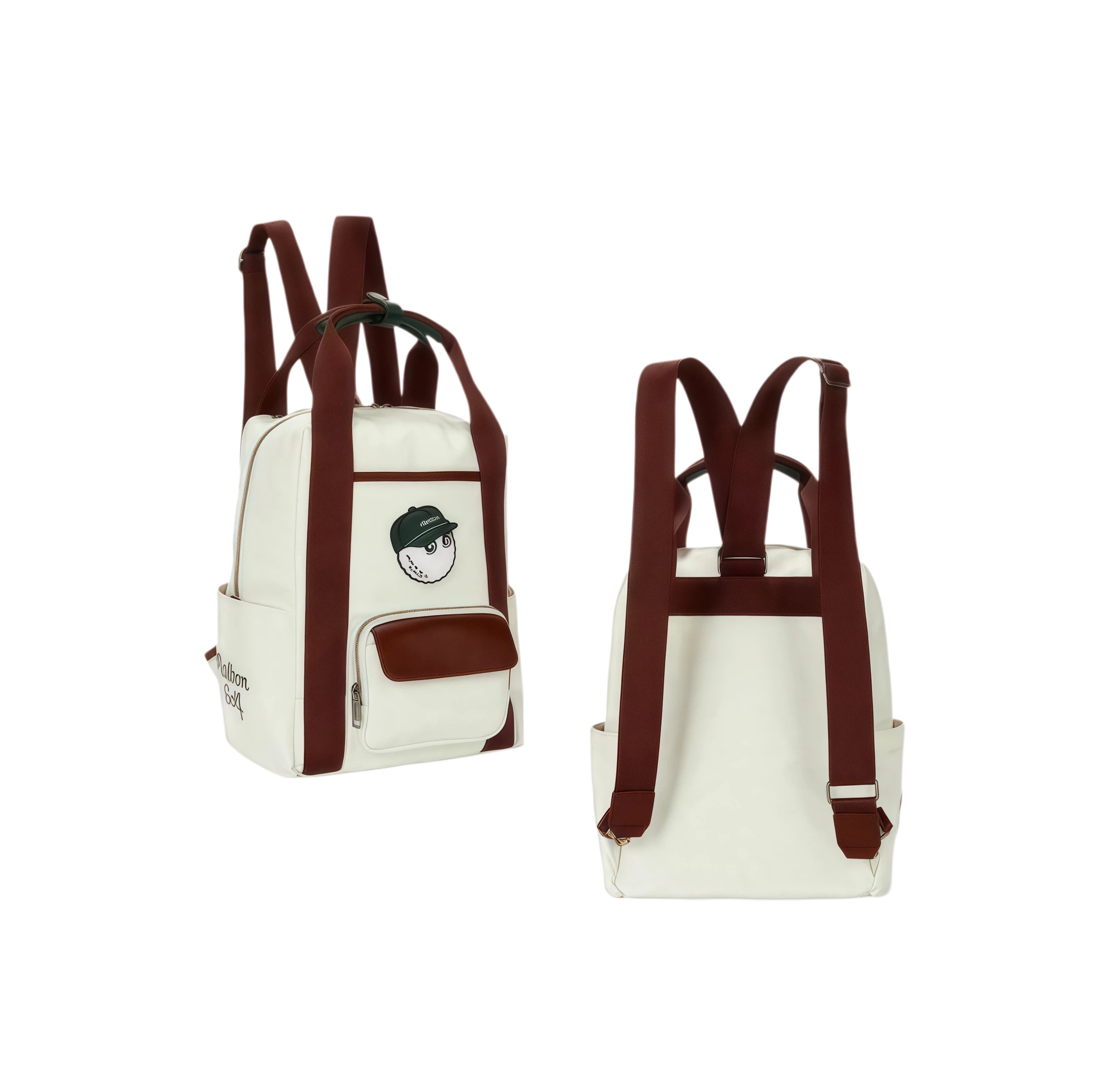 Front and back view of the Malbon golf backpack in cream and burgundy. Features a playful golf ball mascot patch, dual straps, side pockets, and durable stitching for everyday use.
