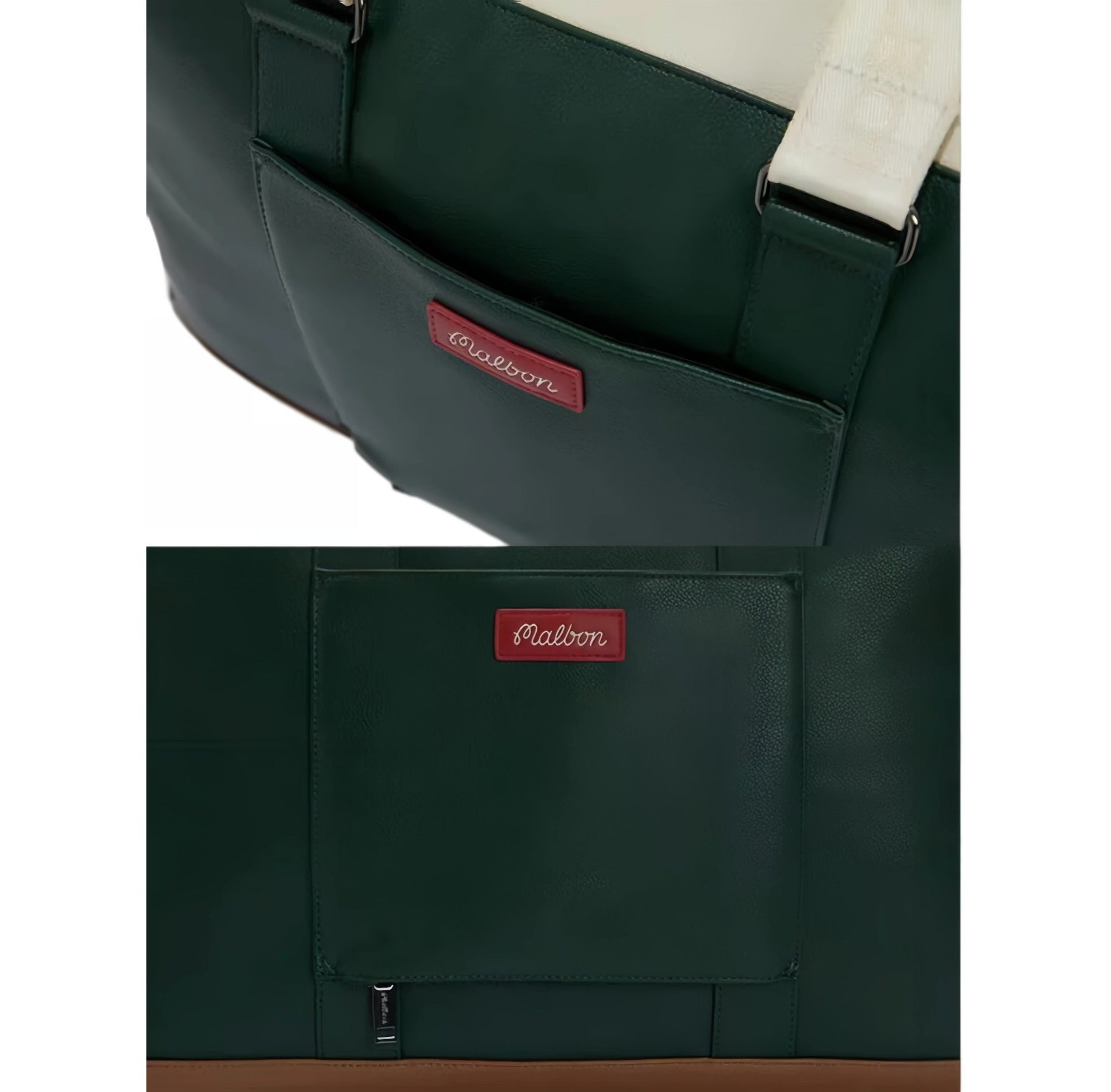 Close-up of dark green Malbon Golf duffle bag featuring red brand patch with cursive "Malbon" logo, front zippered pocket, and durable stitching details