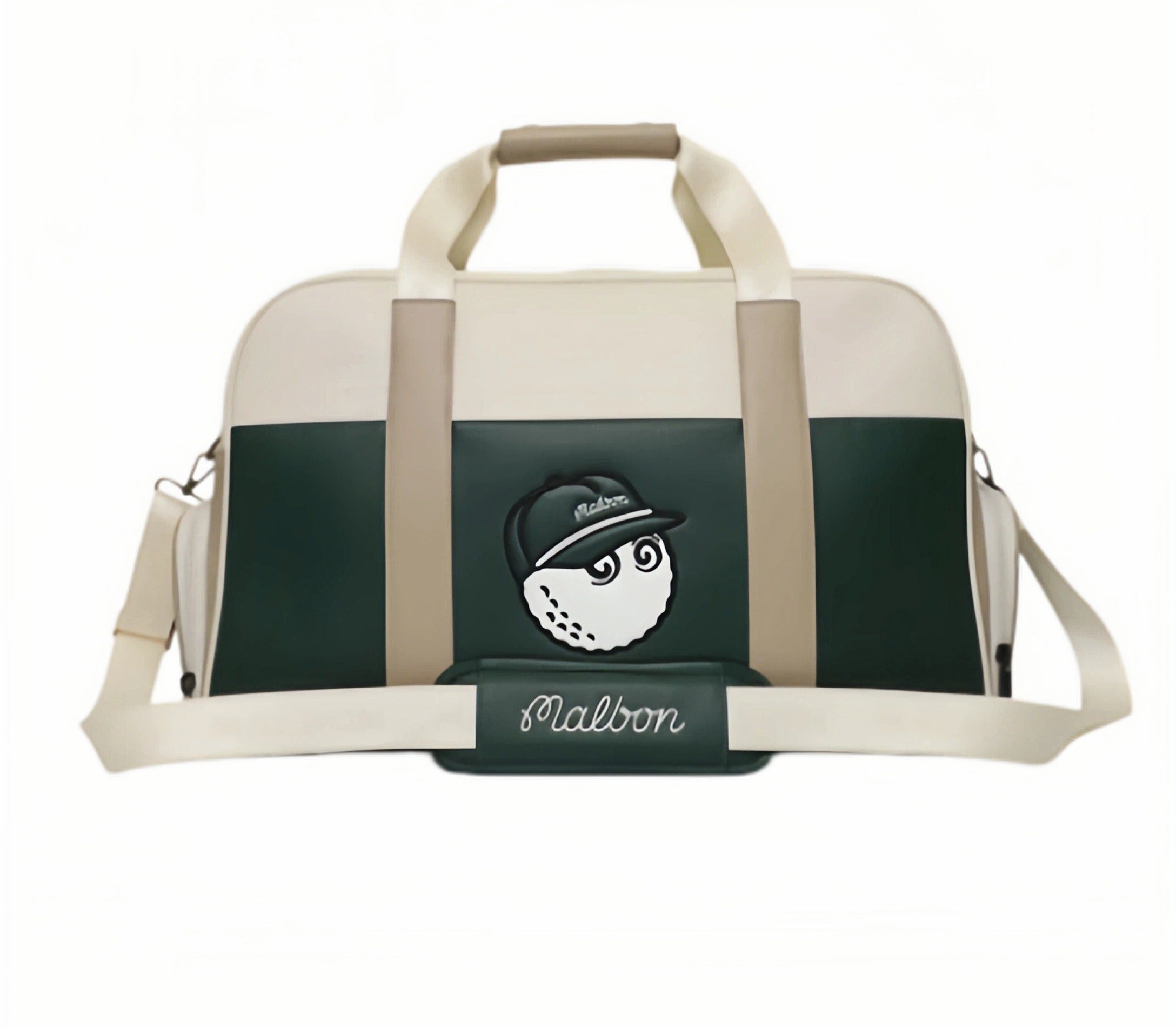 Front view of Malbon Golf duffel bag in dark green and cream, featuring animated golf ball character wearing cap, durable PU leather, and top carry handles