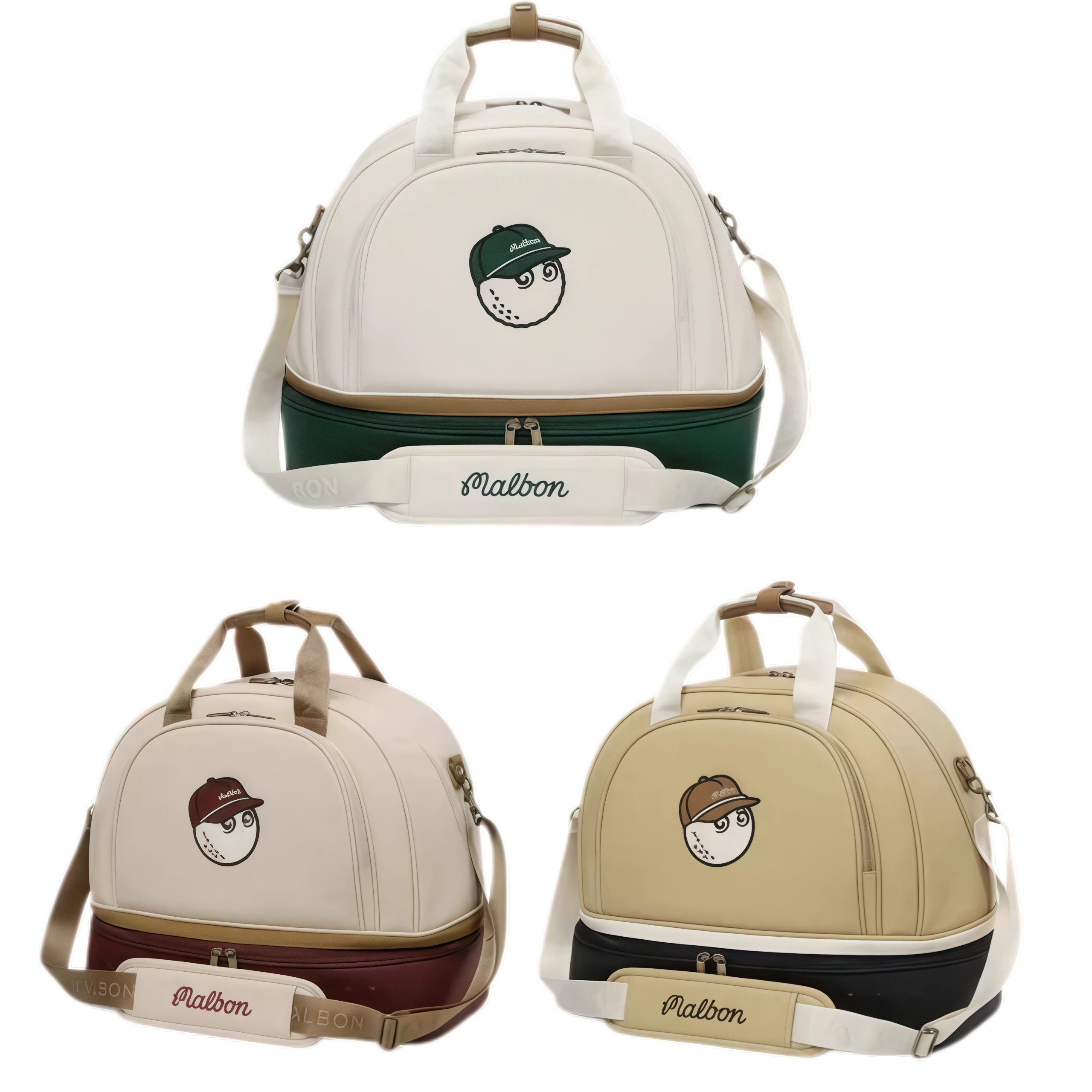 Front view of three Malbon golf duffle bags in different colorways: cream with green base, beige with burgundy base, and khaki with black base, each featuring cartoon golf ball mascot and embroidered "Malbon" logo