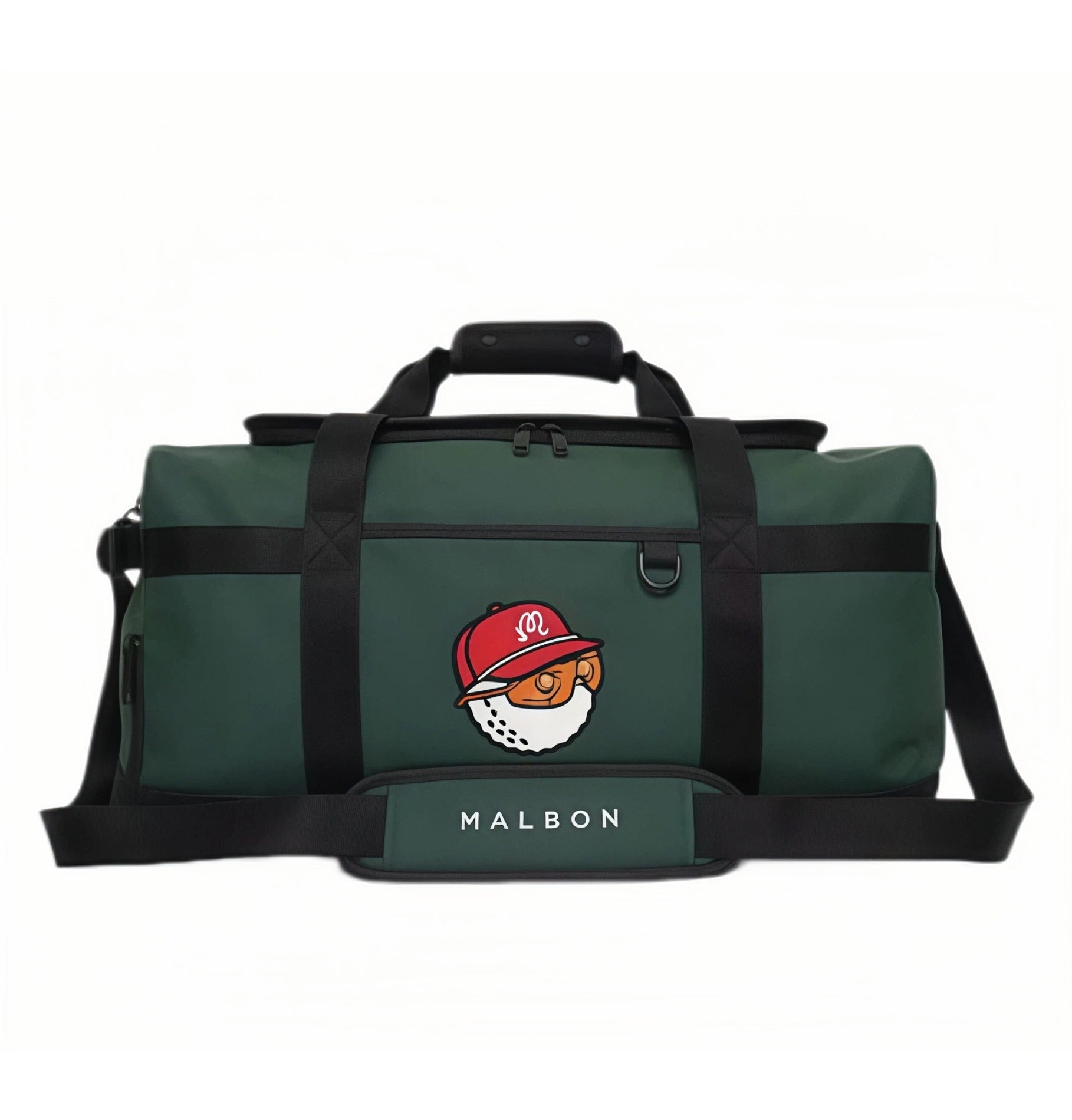 Full front view of Malbon Golf "Buckets" duffle bag in deep green fabric with black straps, showcasing embroidered golf ball mascot with red cap and "MALBON" text panel